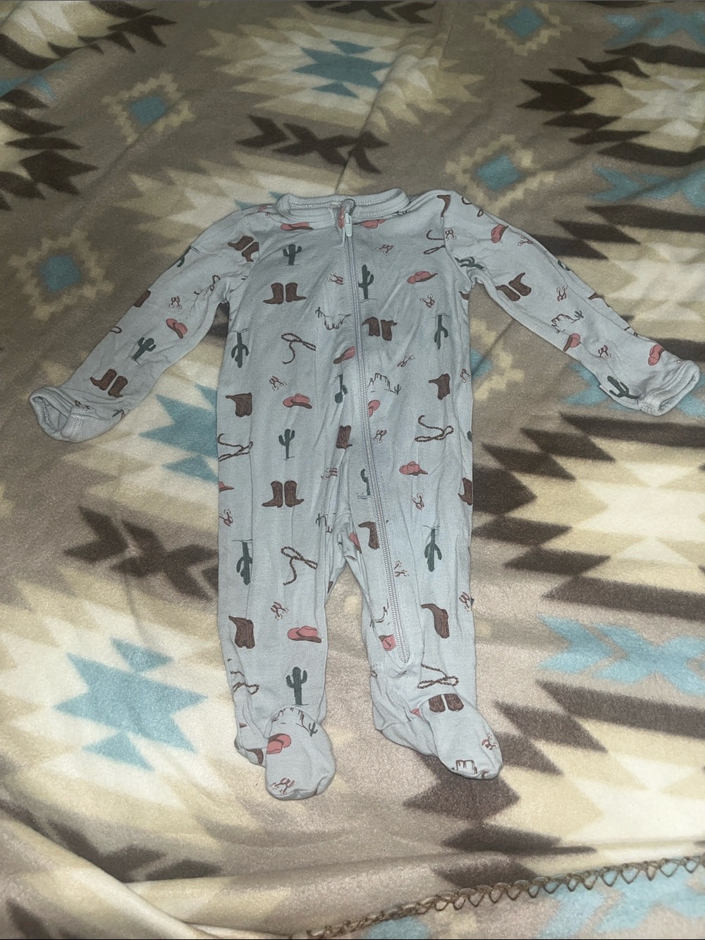 Light Blue Baby Footed One-Piece with Western Print